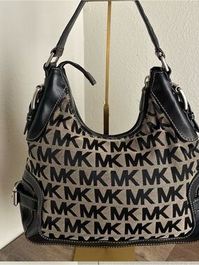 Michael Kors Black and Tan MK Logo Shoulder Bag